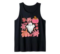 Lindo Fantasma Femenino Flores Rosas y Calabaza otoño Halloween Mujeres Camiseta sin Mangas