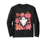 Lindo Fantasma Femenino Flores Rosas y Calabaza otoño Halloween Mujeres Manga Larga