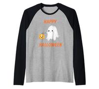 Lindo Fantasma Hueco Feliz Halloween sosteniendo Calabaza Camiseta Manga Raglan