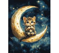 Lindo gatito Latch Hook Rug Kit for Adults,gato sentado en la luna,DIY Latch Hook Rug Kit with Preprinted Pattern Canvas,Needlework Crafts Rug for Home Decor,80x115cm