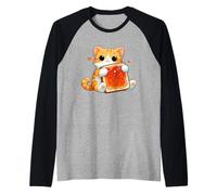 Lindo gato abrazando mermelada tostada desayuno divertido Camiseta Manga Raglan