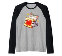Lindo gato abrazando mermelada tostada desayuno divertido Camiseta Manga Raglan
