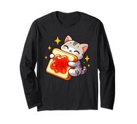 Lindo gato abrazando mermelada tostada desayuno divertido Manga Larga