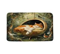 Lindo Gato, Animal De Jardín, Árbol Verde, Bosque, Pájaros, Gatito Divertido, Arte Estético Vintage Felpudo De Entrada Secado Rápido Alfombra Plegable Alfombra Baño para Hogar Bañera 40X60Cm