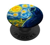 Lindo Gato Arte Van Gogh Estilo Noche Estrellada Luna y Estrellas PopSockets PopGrip Adhesivo