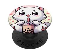 Lindo Gato Bebiendo té de Burbujas Boba Lover Kawaii Neko Anime PopSockets PopGrip Adhesivo