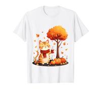 Lindo Gato con café Helado Debajo del árbol de otoño Hello Autumn Cat Camiseta gráfica económica, Hombre, Blanco, S
