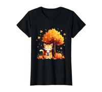 Lindo Gato con café Helado Debajo del árbol de otoño Hojas de otoño Camiseta gráfica económica, Mujer, Negro, S