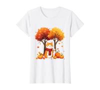 Lindo Gato con café Helado Debajo del árbol de otoño Hojas de otoño otoño Camiseta gráfica económica, Mujer, Blanco, S