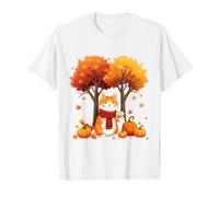 Lindo Gato con café Helado Debajo del árbol de otoño Hojas de otoño otoño Camiseta gráfica económica, Hombre, Blanco, S