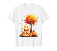 Lindo Gato con café Helado Entre Hojas de otoño Gatito otoño Camiseta gráfica económica, Hombre, Blanco, M