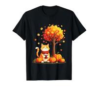 Lindo Gato con café Helado Entre Hojas de otoño Gatito otoño Camiseta gráfica económica, Hombre, Negro, XL