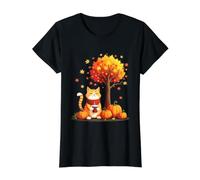 Lindo Gato con café Helado Entre Hojas de otoño Gatito otoño Camiseta gráfica económica, Mujer, Negro, XL