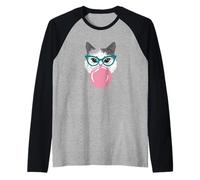 Lindo gato con gafas soplando burbuja - Nerd Kawaii Art Camiseta Manga Raglan