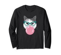 Lindo gato con gafas soplando burbuja - Nerd Kawaii Art Manga Larga