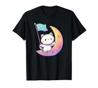Lindo Gato Cósmico sobre Arco Iris Luna Creciente Camiseta