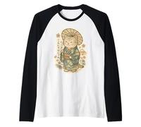 Lindo Gato japonés Anime Kimono Paraguas Kawaii Retro japonés Camiseta Manga Raglan