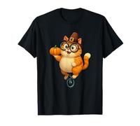 Lindo Gato peregrino con Gafas Monociclo Acción de Gracias Camiseta