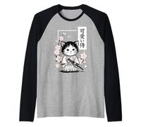 Lindo Gato Samurai bebé Kawaii - Sakura Japonesa Camiseta Manga Raglan