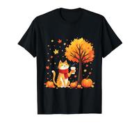 Lindo Gato sosteniendo café Helado Debajo del árbol de otoño Hoja de Gato de otoño Camiseta gráfica económica, Hombre, Negro, S