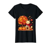Lindo Gato sosteniendo café Helado Debajo del árbol de otoño Hoja de Gato de otoño Camiseta gráfica económica, Mujer, Negro, S