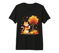 Lindo Gato sosteniendo café Helado Debajo del árbol de otoño Hoja de Gato de otoño Camiseta Premium