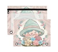 Lindo gnomo elfo en azul rosa ramo de claveles para el día de la madre con 3 anillas, paquete de 2 estuches de plástico reciclado transparente impermeable con cremallera accesorios de papelería