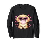 Lindo Golden Retriever Valentine con Bubble Gum Heart Love Manga Larga