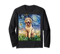Lindo Goldendoodle Noche Estrellada Doodle Dog Art por Aja Manga Larga