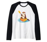 Lindo gráfico de Nutria Marina remando un Kayak Divertido Estilo Kawaii Camiseta Manga Raglan