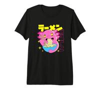 Lindo Happy Axolotl Comiendo Ramen Anime Kawaii Niños Niñas Adolescentes Camiseta Premium