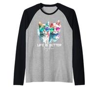 Lindo Hipster Gato Pareja Divertida La Vida Es Mejor Juntos Camiseta Manga Raglan