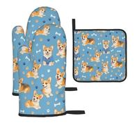 Lindo Juego de Cocina de Tres Piezas con diseño de Cachorro Corgi y Pata de Perro, Guantes para Horno y Almohadilla Resistente al Calor para Tapa de Olla.