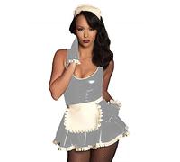 Lindo juego de disfraz de sirvienta de PVC, vestido francés Sissy de piel sintética, uniforme con delantal, plateado, XXL