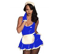 Lindo juego de disfraz de sirvienta de PVC, vestido francés Sissy de piel sintética, uniforme con guantes de delantal, azul, L