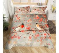 Lindo juego de funda nórdica de animales de pájaro tamaño S, acuarela flor roja floral reversible cubierta para niños niños niñas pintura china tradicional juego de ropa de cama con 1 funda de