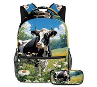 Lindo juego de moda de vaca y flor Stay Ahead of The School, juego de 2 mochilas escolares para niños con mochila y estuche para lápices, multicolor, B：29.4x20x40cm P：19x7.5x3.8cm, Mochilas daypack