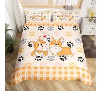 Lindo juego de ropa de cama Corgi tamaño L, diseño de dibujos animados de perro con huella de pata de perro, funda nórdica para niños y adultos, cachorro perrito cheque suave funda para habitación de