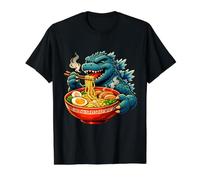 Lindo Kaiju Comer Ramen Juguetón Amante de la Comida Camiseta gráfica económica, Hombre, Negro, L
