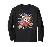 Lindo Kawaii Halloween Panda Rojo Bruja en Escoba con murciélagos Manga Larga