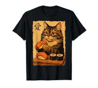 Lindo Kawaii Maine Coon Comer Sushi Divertido Gato de Comida Japonesa Camiseta