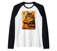 Lindo Kawaii Maine Coon Comer Sushi Divertido Gato de Comida Japonesa Camiseta Manga Raglan