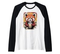 Lindo Kawaii Rojo Panda Boba Japonés Anime Estética Chicas Camiseta Manga Raglan