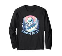 Lindo Kawaii Snow Day Yeti Snowboard Azul Rosa Invierno Diversión Manga Larga