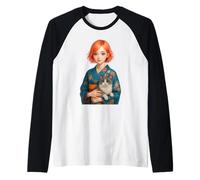Lindo Kimono Chica con Gato Kawaii japonés Anime Arte Mujeres Camiseta Manga Raglan