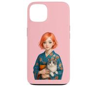 Lindo Kimono Chica con Gato Kawaii japonés Anime Arte Mujeres Carcasa para iPhone 13