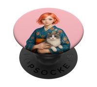 Lindo Kimono Chica con Gato Kawaii japonés Anime Arte Mujeres PopSockets PopGrip Adhesivo