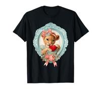 Lindo león San Valentín con corazón Vintage Animal Lover Coquette Camiseta