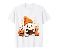 Lindo Libro de Lectura Fantasma Hojas de otoño Halloween Fantasma café Camiseta gráfica económica, Hombre, Blanco, XL