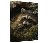 Lindo lienzo de mapache para pared, estampado animal marrón y verde, decoración de pared natural para sala de estar, dormitorio, lienzo envuelto de 8 x 12 pulgadas